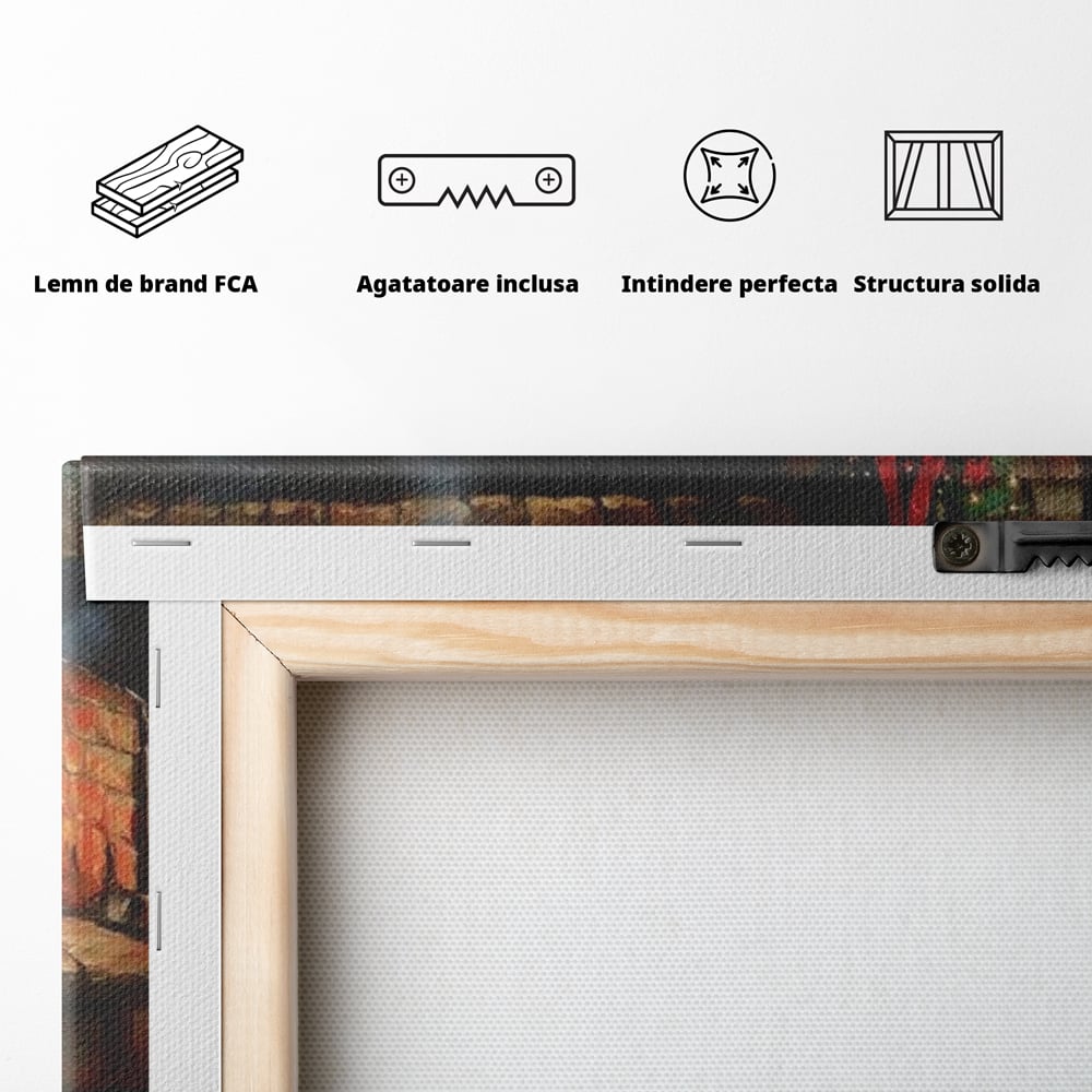 Tablou Canvas Premium, LuxCanva® D1091, Mos Craciun si Catelusii, Craciun, Catei, Semineu, Foc, Lemne, Copilarie, Sarbatoare, Brad, Luminite, Ajun, Rustic, Spirit, Magie, Camera Copil, Living, Dormitor