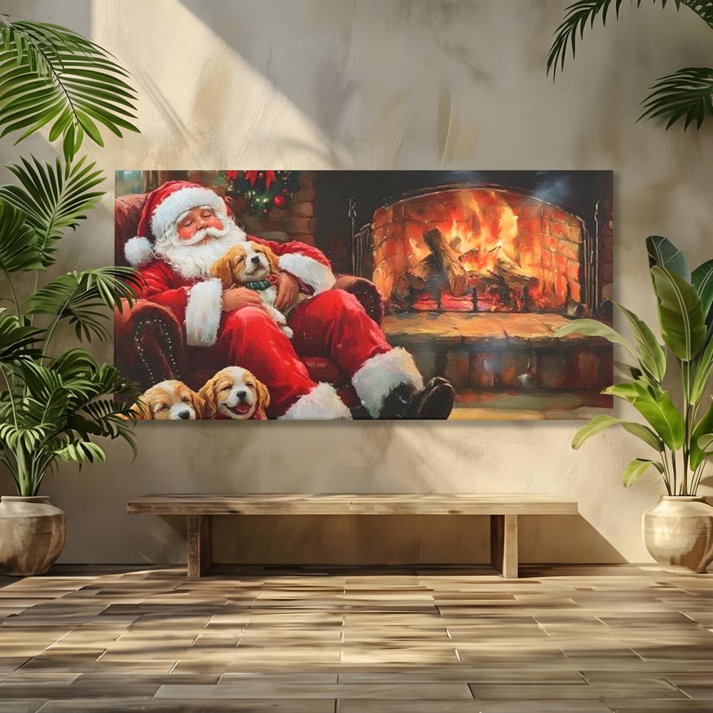 Tablou Canvas Premium, LuxCanva® D1091, Mos Craciun si Catelusii, Craciun, Catei, Semineu, Foc, Lemne, Copilarie, Sarbatoare, Brad, Luminite, Ajun, Rustic, Spirit, Magie, Camera Copil, Living, Dormitor