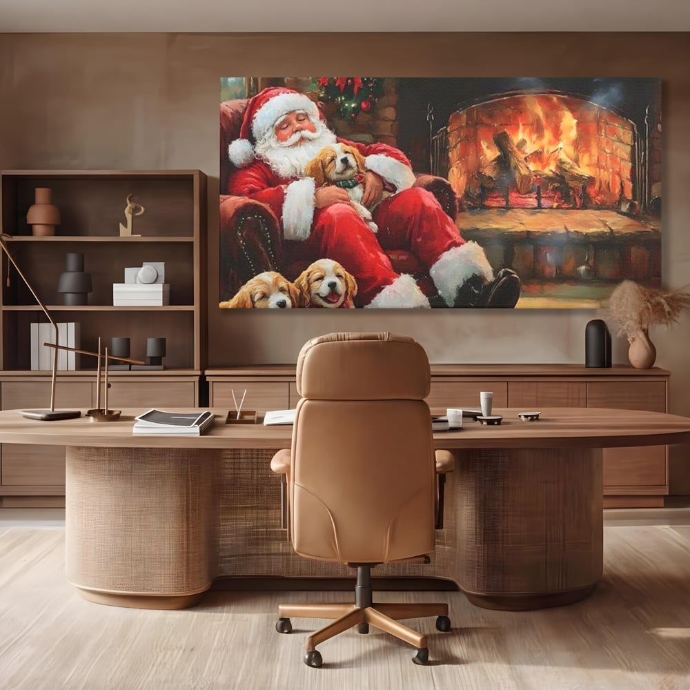 Tablou Canvas Premium, LuxCanva® D1091, Mos Craciun si Catelusii, Craciun, Catei, Semineu, Foc, Lemne, Copilarie, Sarbatoare, Brad, Luminite, Ajun, Rustic, Spirit, Magie, Camera Copil, Living, Dormitor