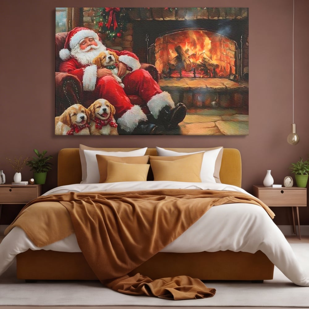 Tablou Canvas Premium, LuxCanva® D1091, Mos Craciun si Catelusii, Craciun, Catei, Semineu, Foc, Lemne, Copilarie, Sarbatoare, Brad, Luminite, Ajun, Rustic, Spirit, Magie, Camera Copil, Living, Dormitor
