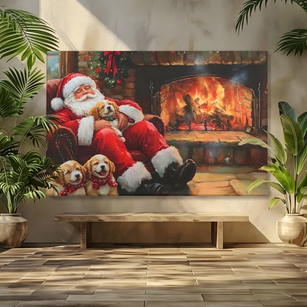 Tablou Canvas Premium, LuxCanva® D1091, Mos Craciun si Catelusii, Craciun, Catei, Semineu, Foc, Lemne, Copilarie, Sarbatoare, Brad, Luminite, Ajun, Rustic, Spirit, Magie, Camera Copil, Living, Dormitor