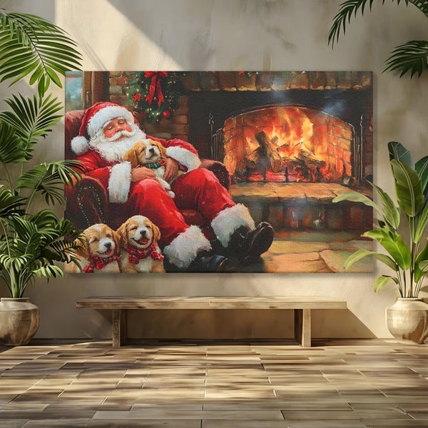 Tablou Canvas Premium, LuxCanva® D1091, Mos Craciun si Catelusii, Craciun, Catei, Semineu, Foc, Lemne, Copilarie, Sarbatoare, Brad, Luminite, Ajun, Rustic, Spirit, Magie, Camera Copil, Living, Dormitor