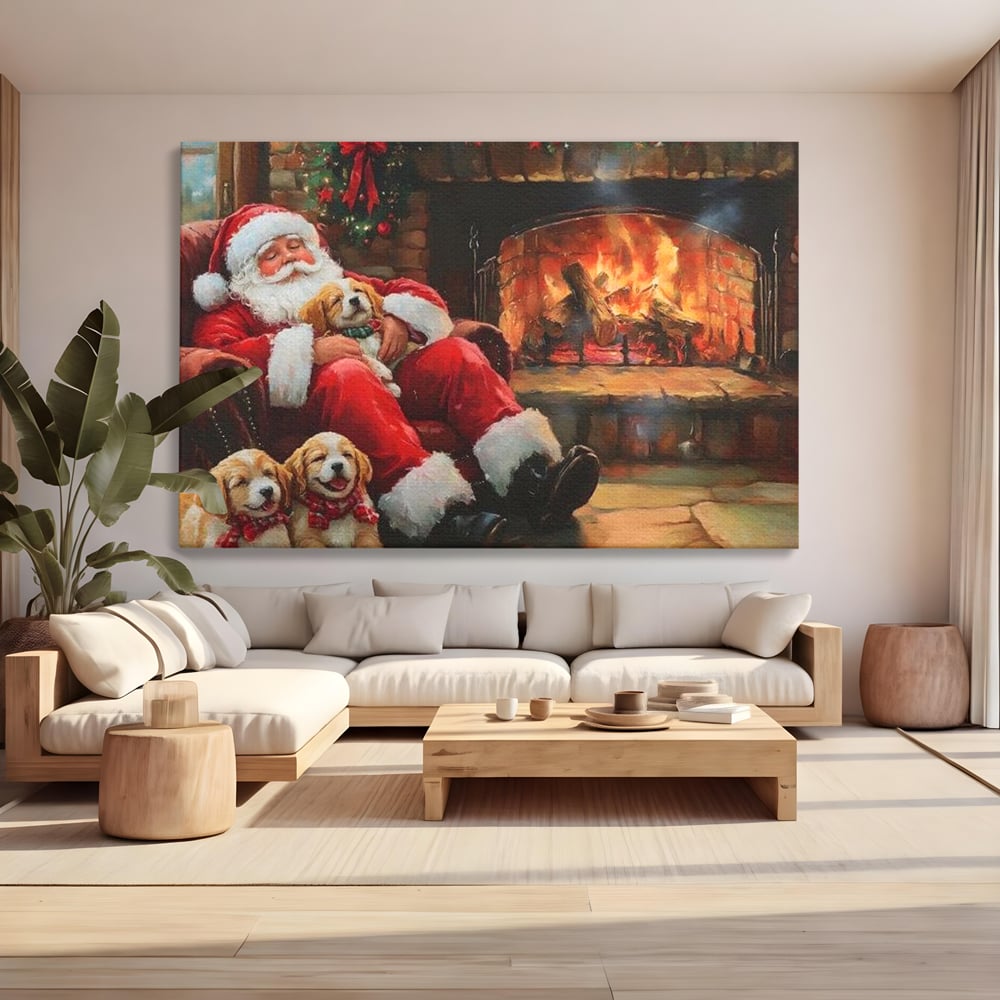 Tablou Canvas Premium, LuxCanva® D1091, Mos Craciun si Catelusii, Craciun, Catei, Semineu, Foc, Lemne, Copilarie, Sarbatoare, Brad, Luminite, Ajun, Rustic, Spirit, Magie, Camera Copil, Living, Dormitor