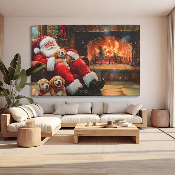 Tablou Canvas Premium, LuxCanva® D1091, Mos Craciun si Catelusii, Craciun, Catei, Semineu, Foc, Lemne, Copilarie, Sarbatoare, Brad, Luminite, Ajun, Rustic, Spirit, Magie, Camera Copil, Living, Dormitor
