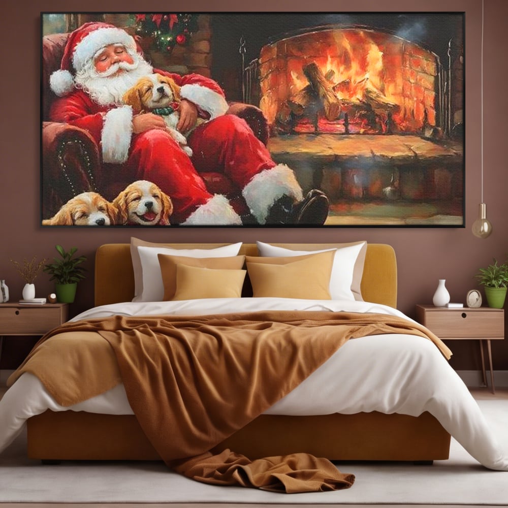 Tablou Canvas Premium, LuxCanva® D1091, Mos Craciun si Catelusii, Craciun, Catei, Semineu, Foc, Lemne, Copilarie, Sarbatoare, Brad, Luminite, Ajun, Rustic, Spirit, Magie, Camera Copil, Living, Dormitor