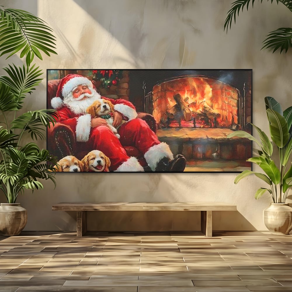 Tablou Canvas Premium, LuxCanva® D1091, Mos Craciun si Catelusii, Craciun, Catei, Semineu, Foc, Lemne, Copilarie, Sarbatoare, Brad, Luminite, Ajun, Rustic, Spirit, Magie, Camera Copil, Living, Dormitor