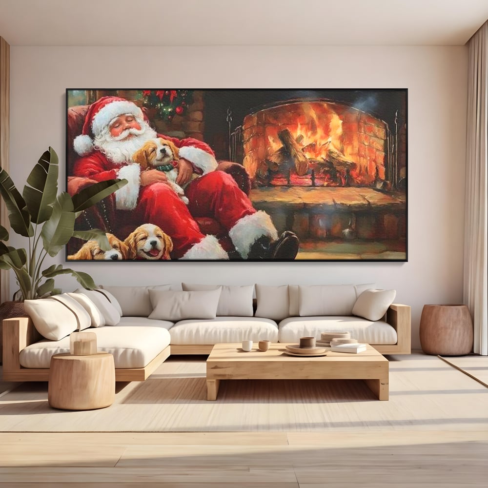 Tablou Canvas Premium, LuxCanva® D1091, Mos Craciun si Catelusii, Craciun, Catei, Semineu, Foc, Lemne, Copilarie, Sarbatoare, Brad, Luminite, Ajun, Rustic, Spirit, Magie, Camera Copil, Living, Dormitor