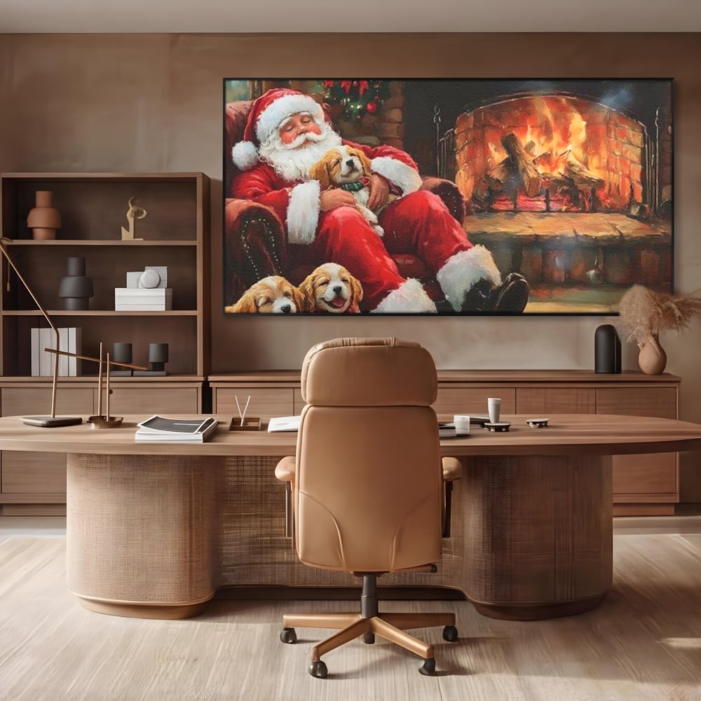 Tablou Canvas Premium, LuxCanva® D1091, Mos Craciun si Catelusii, Craciun, Catei, Semineu, Foc, Lemne, Copilarie, Sarbatoare, Brad, Luminite, Ajun, Rustic, Spirit, Magie, Camera Copil, Living, Dormitor