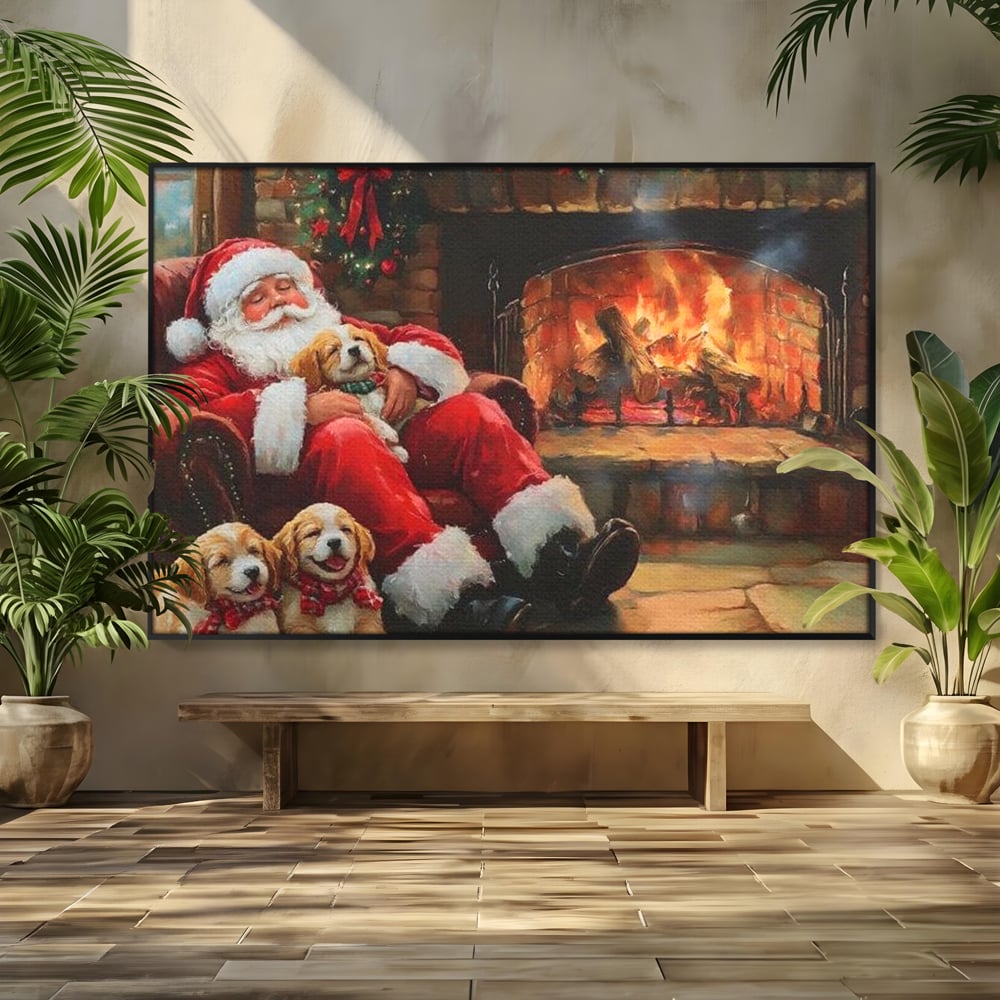 Tablou Canvas Premium, LuxCanva® D1091, Mos Craciun si Catelusii, Craciun, Catei, Semineu, Foc, Lemne, Copilarie, Sarbatoare, Brad, Luminite, Ajun, Rustic, Spirit, Magie, Camera Copil, Living, Dormitor