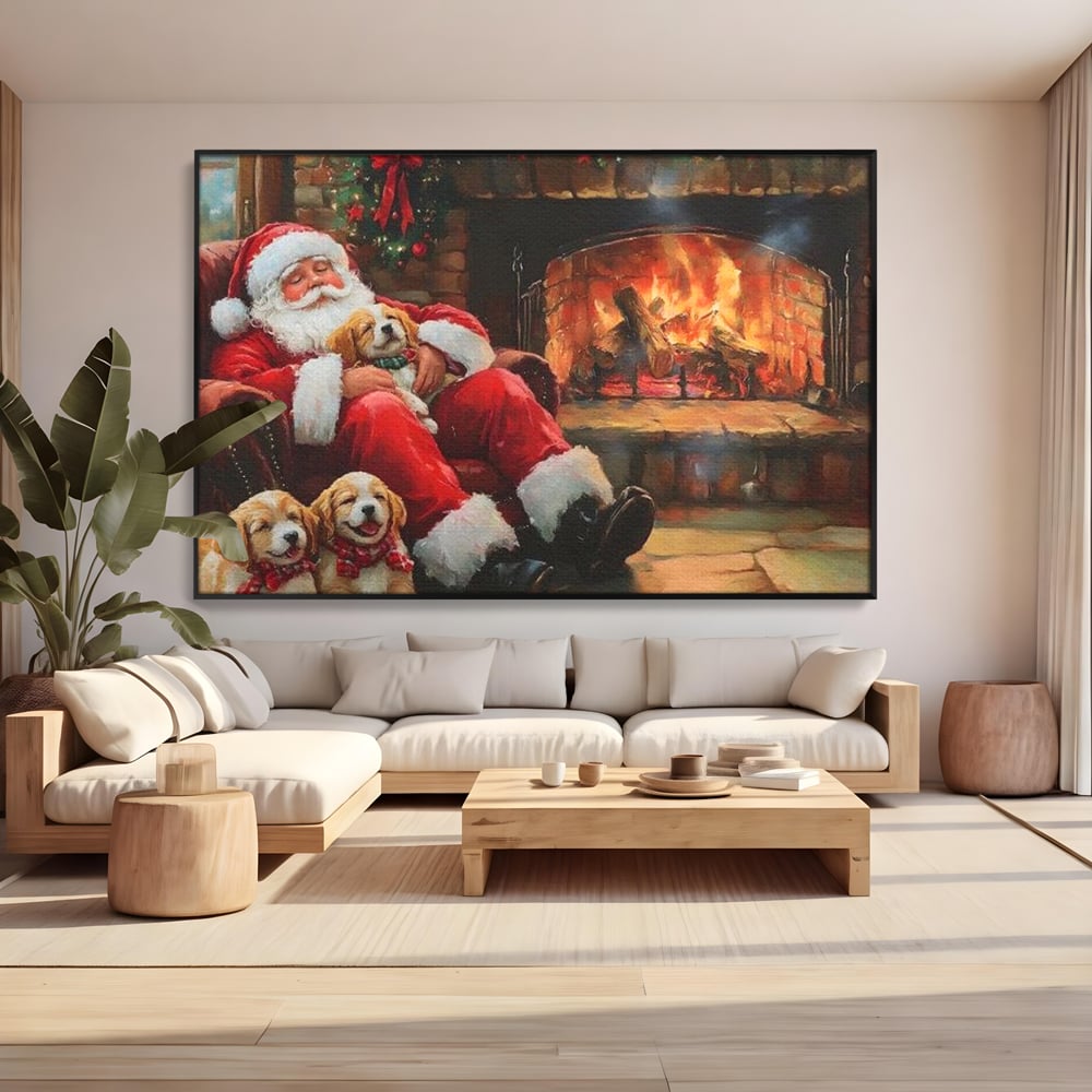 Tablou Canvas Premium, LuxCanva® D1091, Mos Craciun si Catelusii, Craciun, Catei, Semineu, Foc, Lemne, Copilarie, Sarbatoare, Brad, Luminite, Ajun, Rustic, Spirit, Magie, Camera Copil, Living, Dormitor