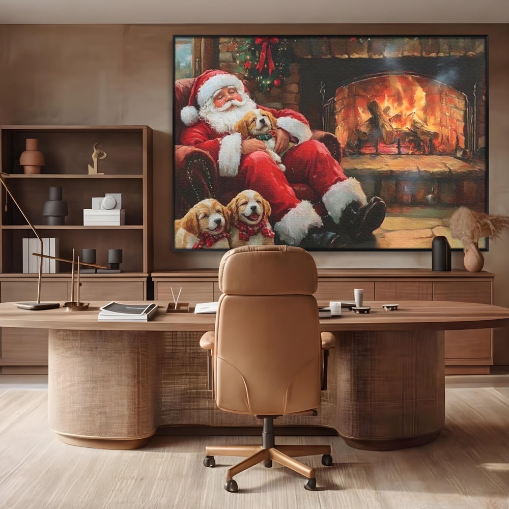 Tablou Canvas Premium, LuxCanva® D1091, Mos Craciun si Catelusii, Craciun, Catei, Semineu, Foc, Lemne, Copilarie, Sarbatoare, Brad, Luminite, Ajun, Rustic, Spirit, Magie, Camera Copil, Living, Dormitor