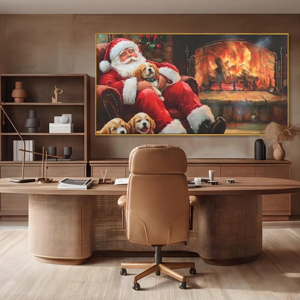 Tablou Canvas Premium, LuxCanva® D1091, Mos Craciun si Catelusii, Craciun, Catei, Semineu, Foc, Lemne, Copilarie, Sarbatoare, Brad, Luminite, Ajun, Rustic, Spirit, Magie, Camera Copil, Living, Dormitor