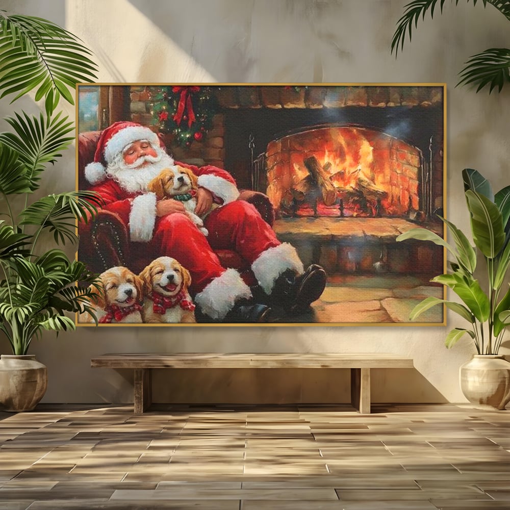 Tablou Canvas Premium, LuxCanva® D1091, Mos Craciun si Catelusii, Craciun, Catei, Semineu, Foc, Lemne, Copilarie, Sarbatoare, Brad, Luminite, Ajun, Rustic, Spirit, Magie, Camera Copil, Living, Dormitor