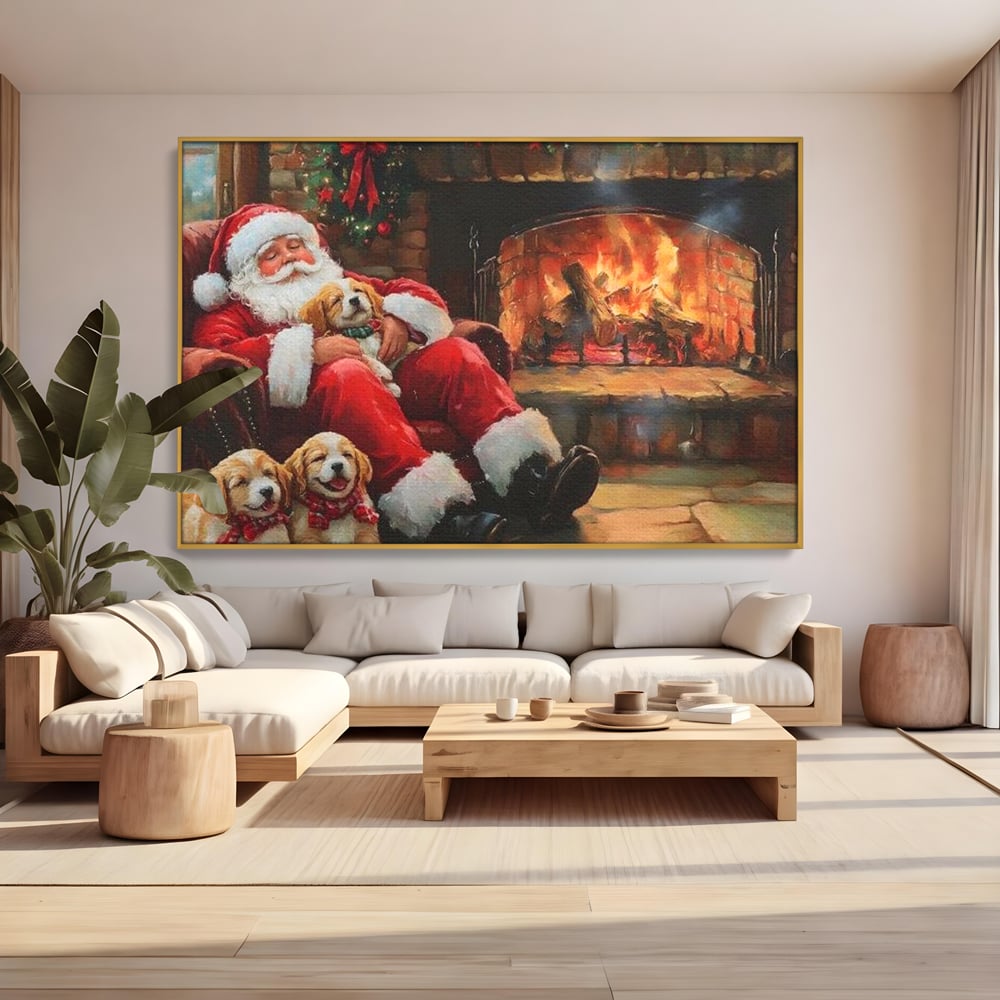 Tablou Canvas Premium, LuxCanva® D1091, Mos Craciun si Catelusii, Craciun, Catei, Semineu, Foc, Lemne, Copilarie, Sarbatoare, Brad, Luminite, Ajun, Rustic, Spirit, Magie, Camera Copil, Living, Dormitor