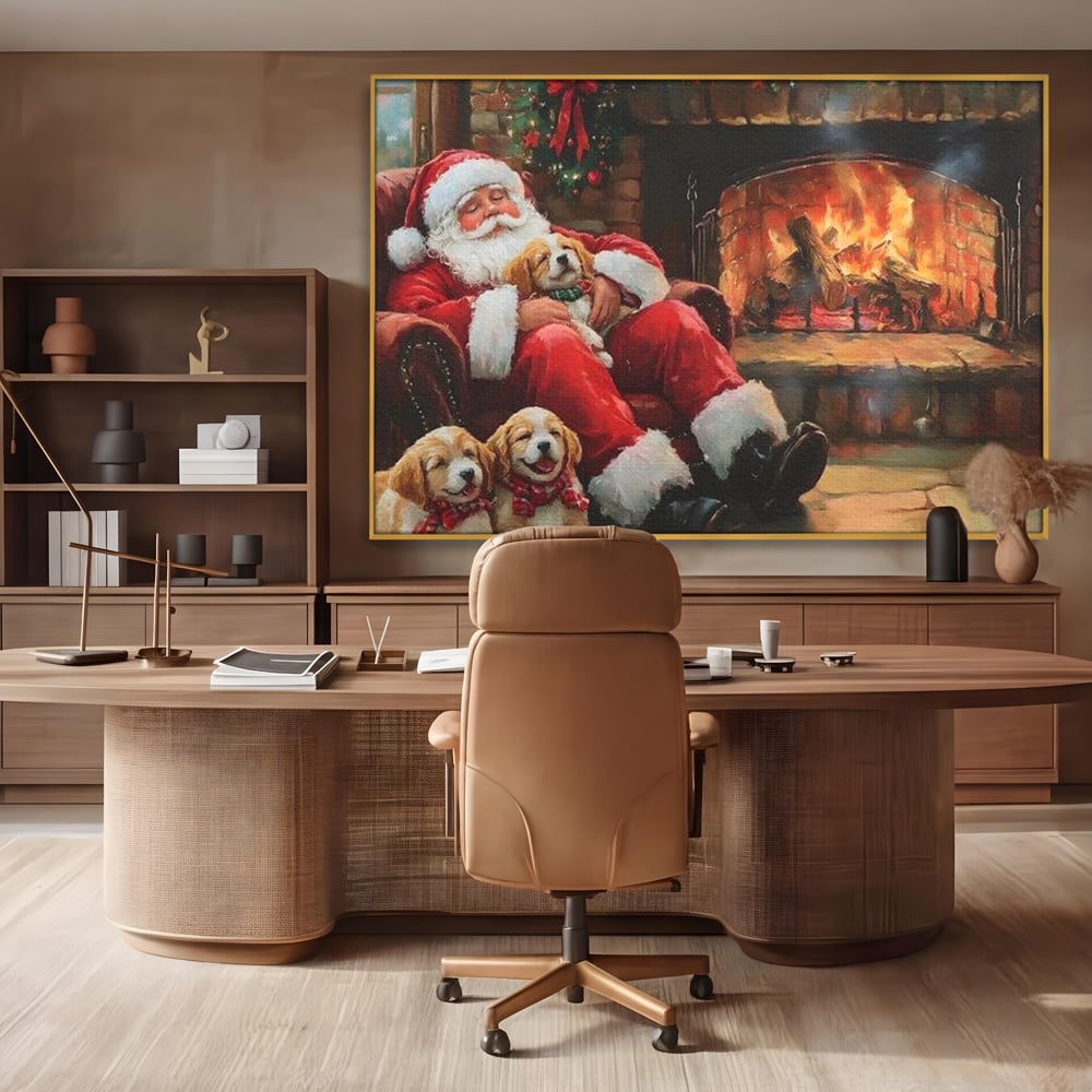 Tablou Canvas Premium, LuxCanva® D1091, Mos Craciun si Catelusii, Craciun, Catei, Semineu, Foc, Lemne, Copilarie, Sarbatoare, Brad, Luminite, Ajun, Rustic, Spirit, Magie, Camera Copil, Living, Dormitor