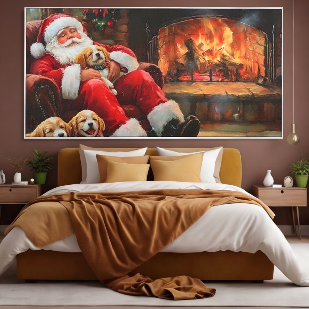 Tablou Canvas Premium, LuxCanva® D1091, Mos Craciun si Catelusii, Craciun, Catei, Semineu, Foc, Lemne, Copilarie, Sarbatoare, Brad, Luminite, Ajun, Rustic, Spirit, Magie, Camera Copil, Living, Dormitor