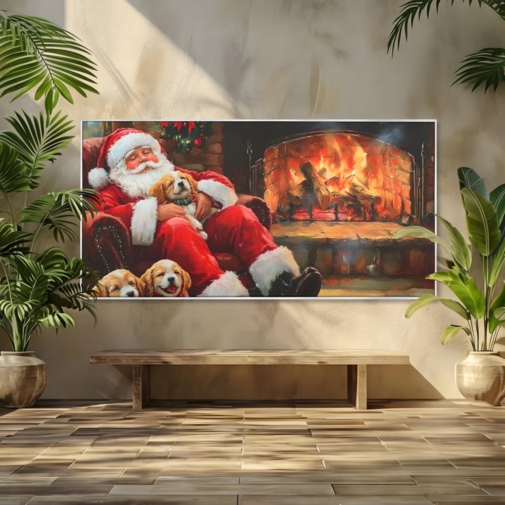 Tablou Canvas Premium, LuxCanva® D1091, Mos Craciun si Catelusii, Craciun, Catei, Semineu, Foc, Lemne, Copilarie, Sarbatoare, Brad, Luminite, Ajun, Rustic, Spirit, Magie, Camera Copil, Living, Dormitor