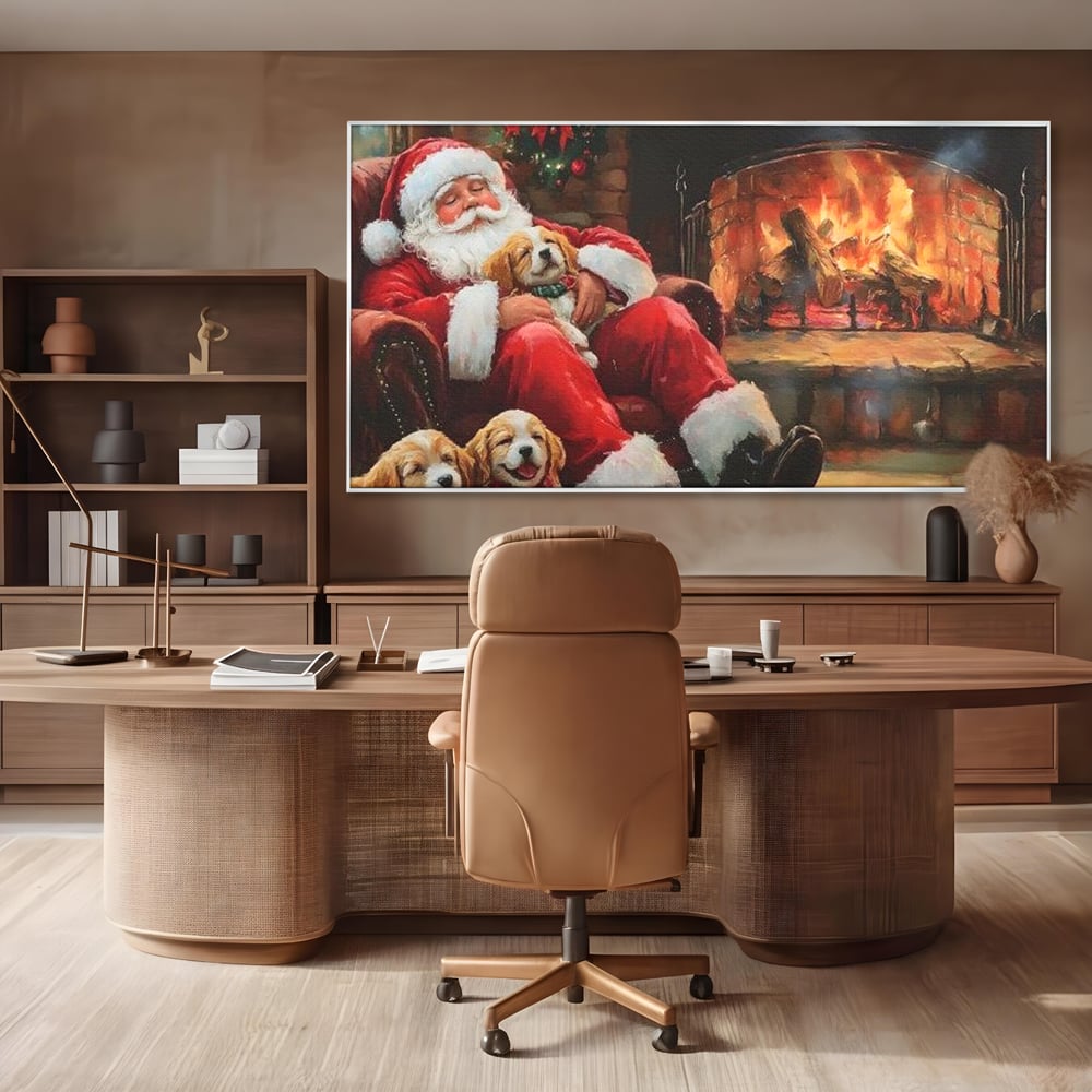Tablou Canvas Premium, LuxCanva® D1091, Mos Craciun si Catelusii, Craciun, Catei, Semineu, Foc, Lemne, Copilarie, Sarbatoare, Brad, Luminite, Ajun, Rustic, Spirit, Magie, Camera Copil, Living, Dormitor