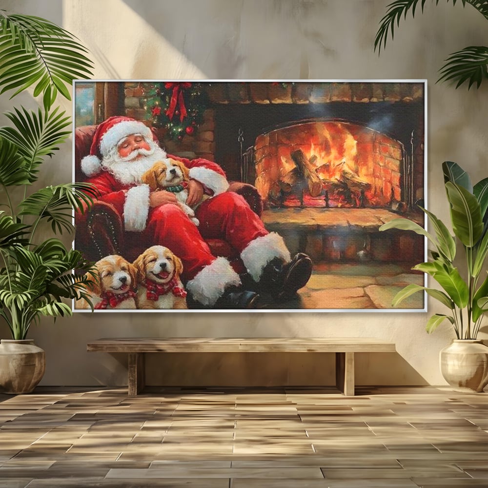 Tablou Canvas Premium, LuxCanva® D1091, Mos Craciun si Catelusii, Craciun, Catei, Semineu, Foc, Lemne, Copilarie, Sarbatoare, Brad, Luminite, Ajun, Rustic, Spirit, Magie, Camera Copil, Living, Dormitor