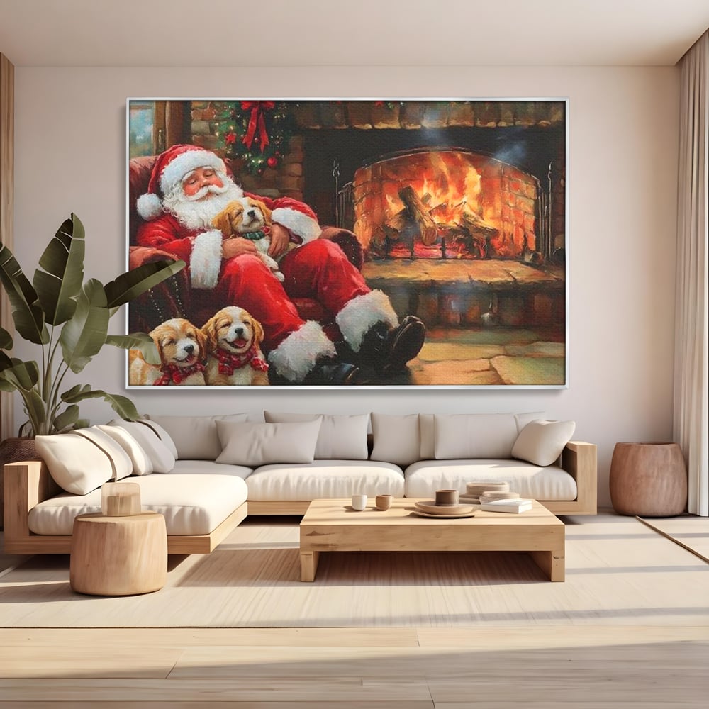 Tablou Canvas Premium, LuxCanva® D1091, Mos Craciun si Catelusii, Craciun, Catei, Semineu, Foc, Lemne, Copilarie, Sarbatoare, Brad, Luminite, Ajun, Rustic, Spirit, Magie, Camera Copil, Living, Dormitor