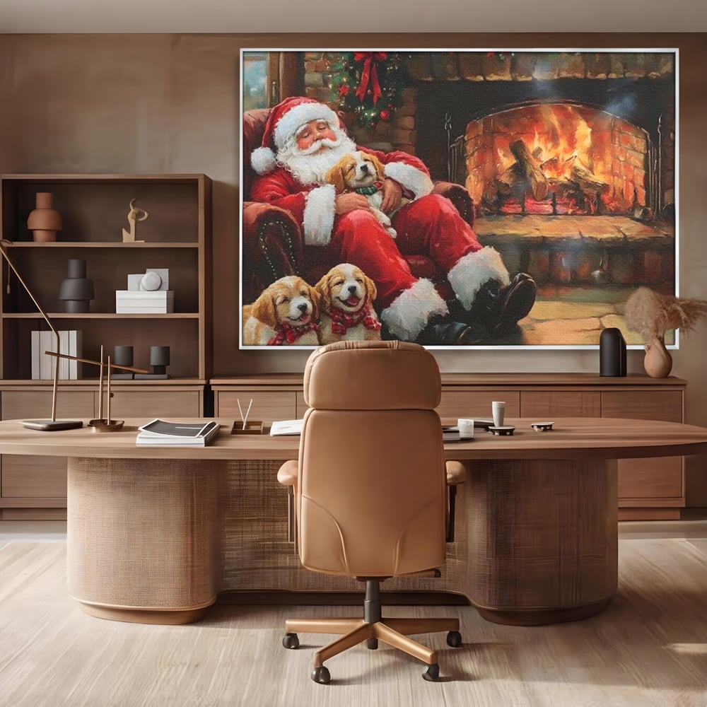 Tablou Canvas Premium, LuxCanva® D1091, Mos Craciun si Catelusii, Craciun, Catei, Semineu, Foc, Lemne, Copilarie, Sarbatoare, Brad, Luminite, Ajun, Rustic, Spirit, Magie, Camera Copil, Living, Dormitor