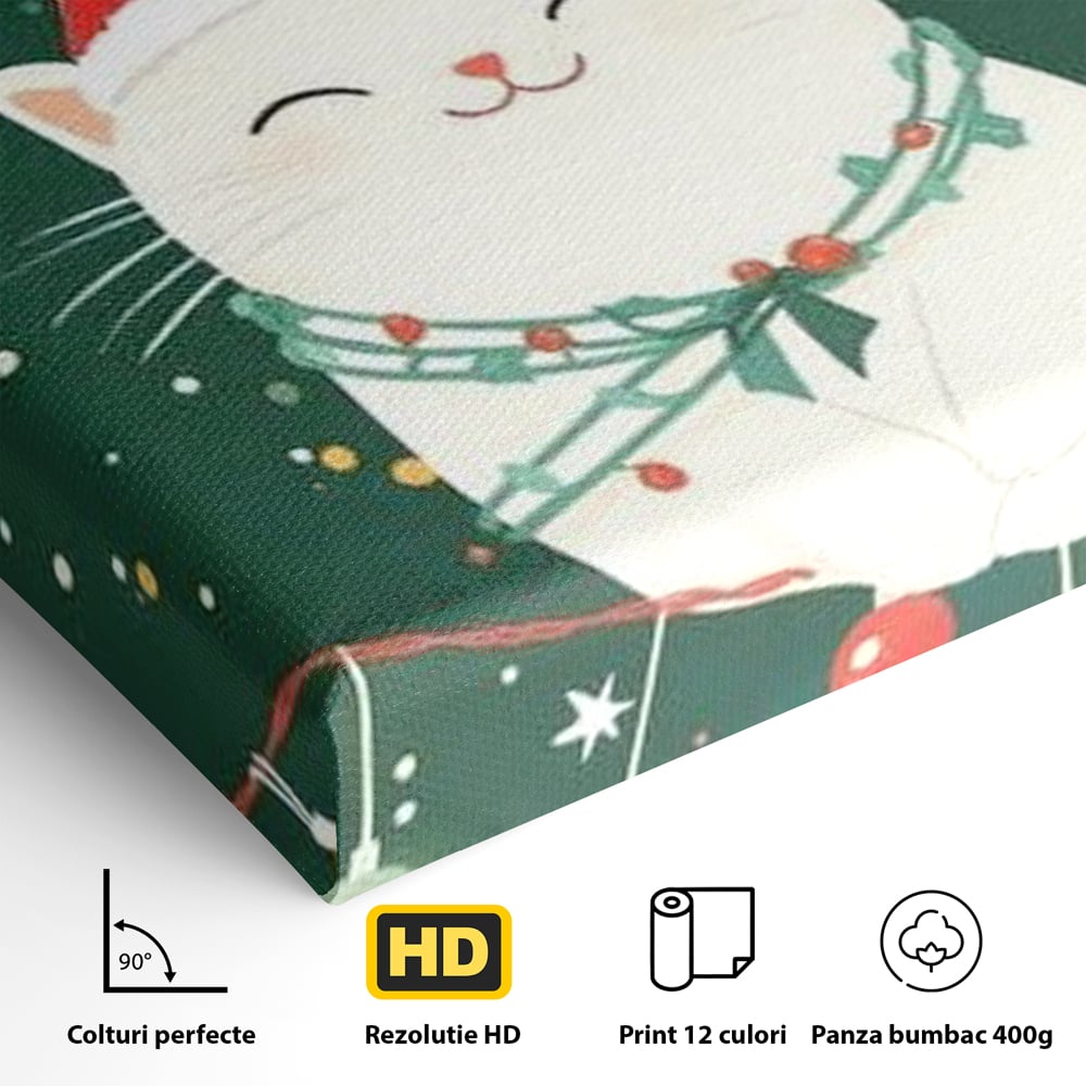 Leinwand Wandkunst Canvas Premium, LuxCanva® D1092, Weihnachten, Ballons, Geschenke, Katze, Katzen, kuschelig, Tier, Gefährte, grün, rot, Freude, Magie, Babyzimmer, Wohnen, Schlafzimmer