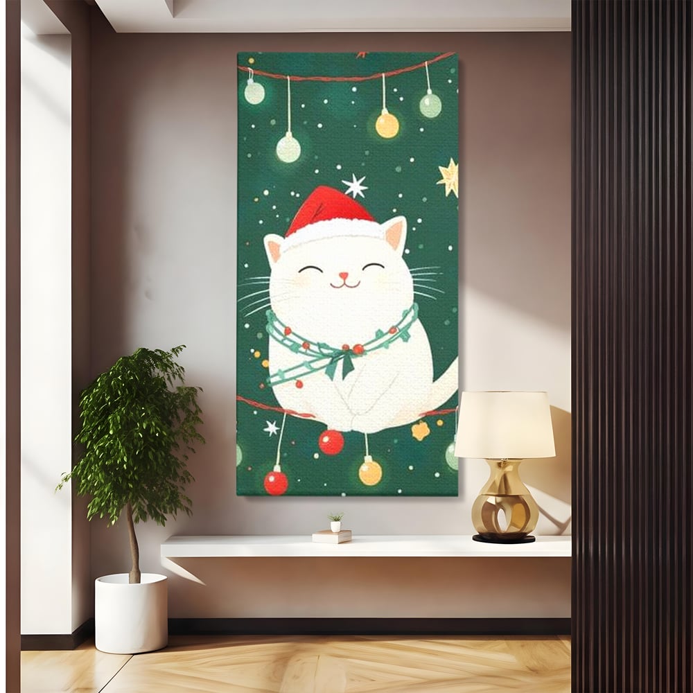 Leinwand Wandkunst Canvas Premium, LuxCanva® D1092, Weihnachten, Ballons, Geschenke, Katze, Katzen, kuschelig, Tier, Gefährte, grün, rot, Freude, Magie, Babyzimmer, Wohnen, Schlafzimmer