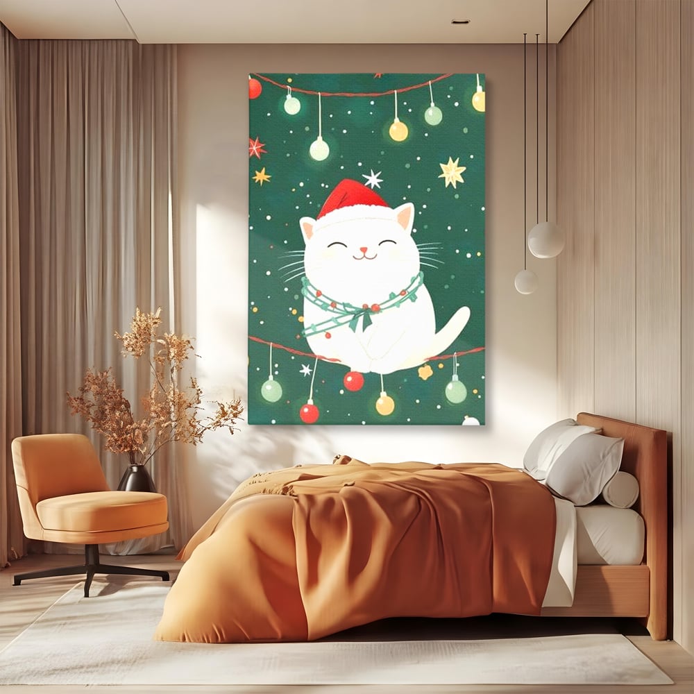 Leinwand Wandkunst Canvas Premium, LuxCanva® D1092, Weihnachten, Ballons, Geschenke, Katze, Katzen, kuschelig, Tier, Gefährte, grün, rot, Freude, Magie, Babyzimmer, Wohnen, Schlafzimmer