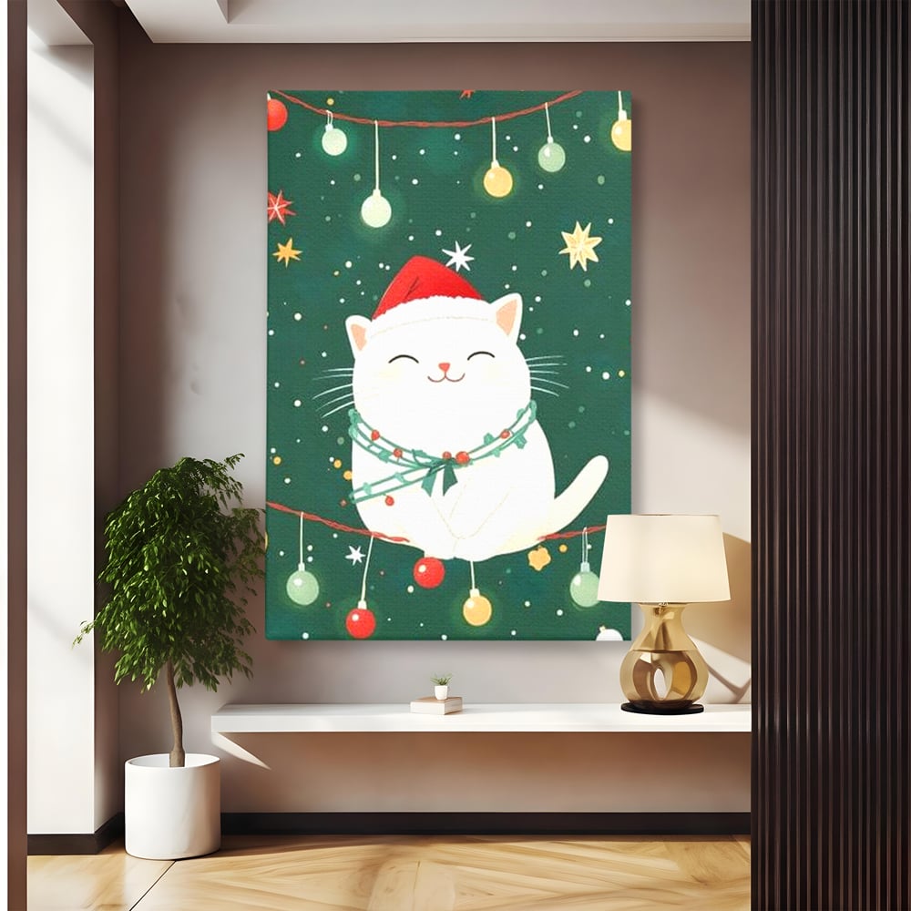 Leinwand Wandkunst Canvas Premium, LuxCanva® D1092, Weihnachten, Ballons, Geschenke, Katze, Katzen, kuschelig, Tier, Gefährte, grün, rot, Freude, Magie, Babyzimmer, Wohnen, Schlafzimmer