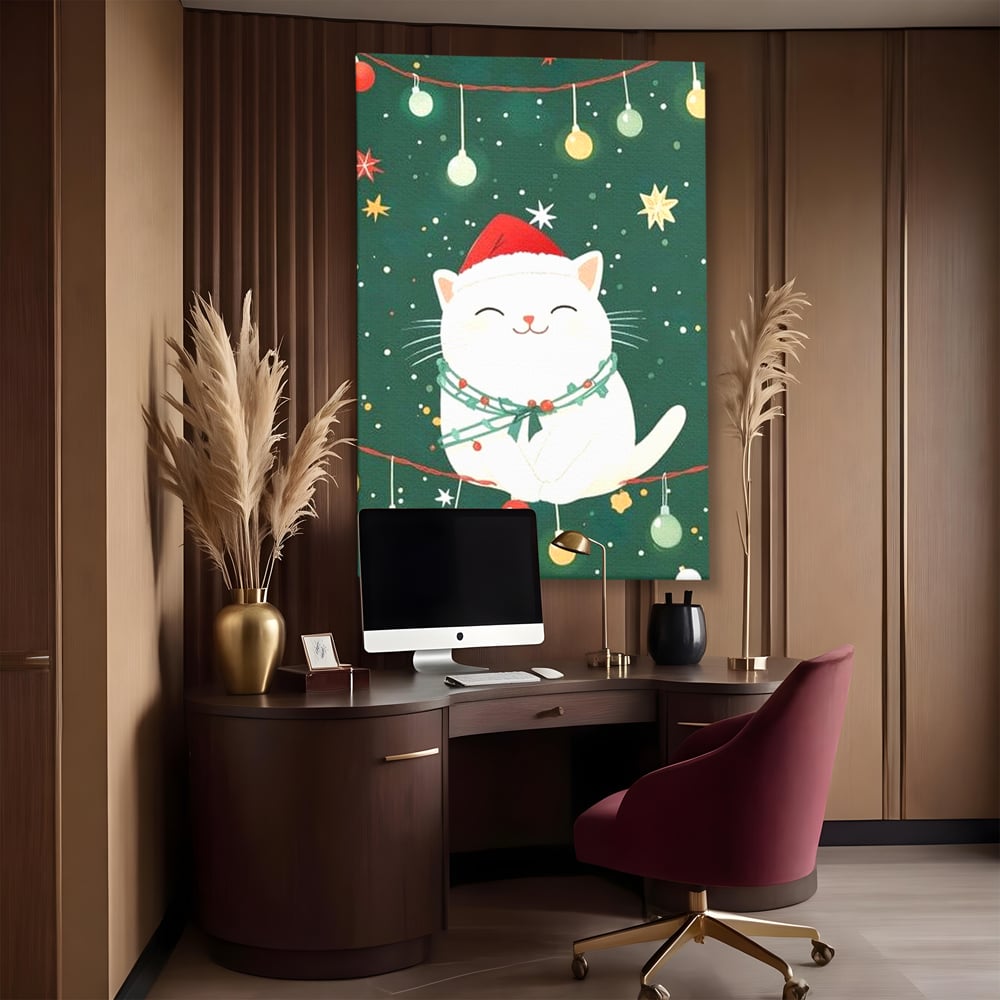 Leinwand Wandkunst Canvas Premium, LuxCanva® D1092, Weihnachten, Ballons, Geschenke, Katze, Katzen, kuschelig, Tier, Gefährte, grün, rot, Freude, Magie, Babyzimmer, Wohnen, Schlafzimmer