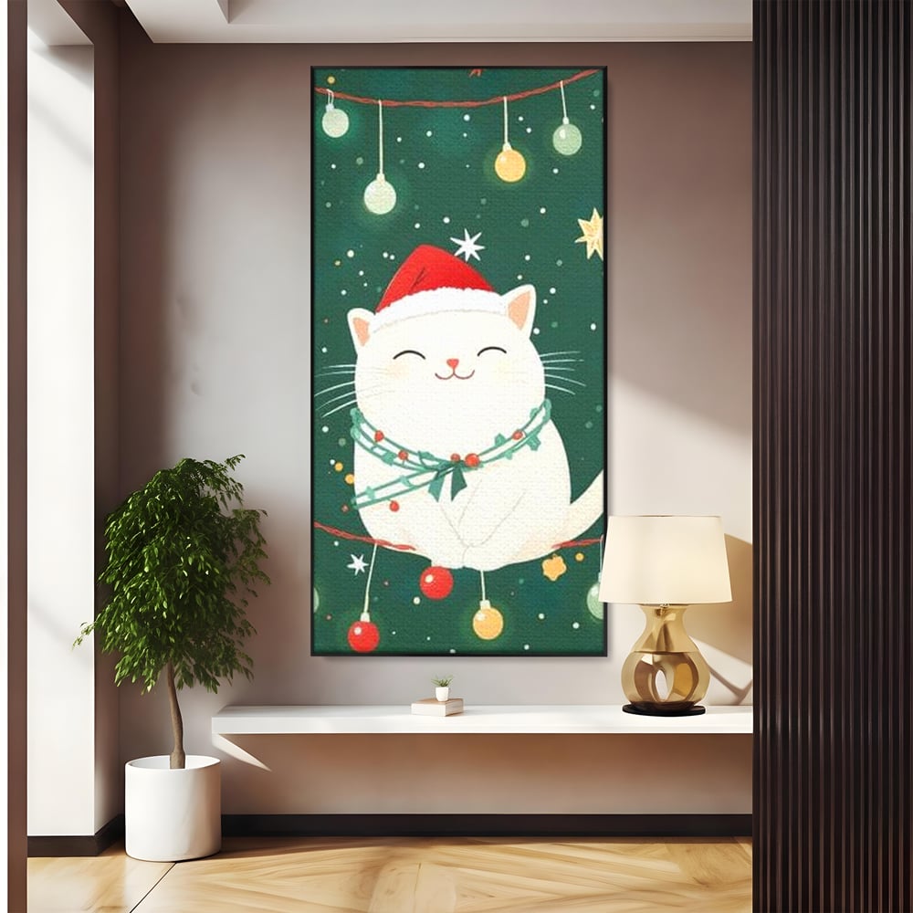 Leinwand Wandkunst Canvas Premium, LuxCanva® D1092, Weihnachten, Ballons, Geschenke, Katze, Katzen, kuschelig, Tier, Gefährte, grün, rot, Freude, Magie, Babyzimmer, Wohnen, Schlafzimmer