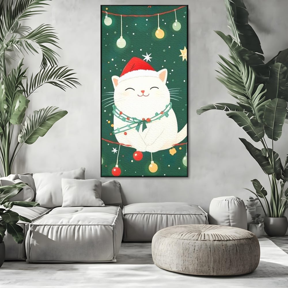 Leinwand Wandkunst Canvas Premium, LuxCanva® D1092, Weihnachten, Ballons, Geschenke, Katze, Katzen, kuschelig, Tier, Gefährte, grün, rot, Freude, Magie, Babyzimmer, Wohnen, Schlafzimmer