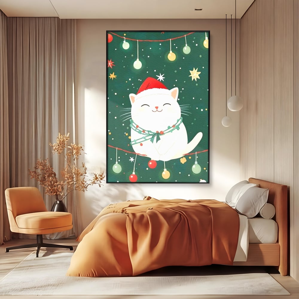 Leinwand Wandkunst Canvas Premium, LuxCanva® D1092, Weihnachten, Ballons, Geschenke, Katze, Katzen, kuschelig, Tier, Gefährte, grün, rot, Freude, Magie, Babyzimmer, Wohnen, Schlafzimmer