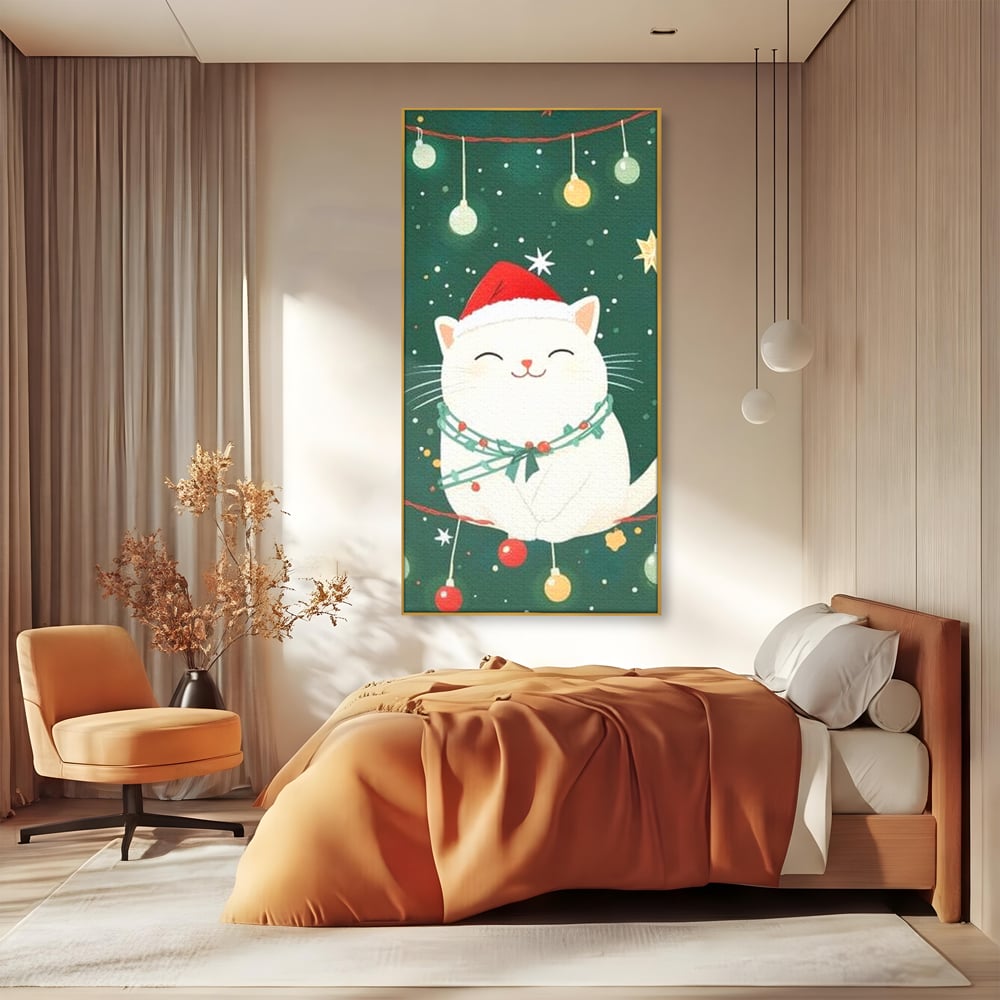 Leinwand Wandkunst Canvas Premium, LuxCanva® D1092, Weihnachten, Ballons, Geschenke, Katze, Katzen, kuschelig, Tier, Gefährte, grün, rot, Freude, Magie, Babyzimmer, Wohnen, Schlafzimmer