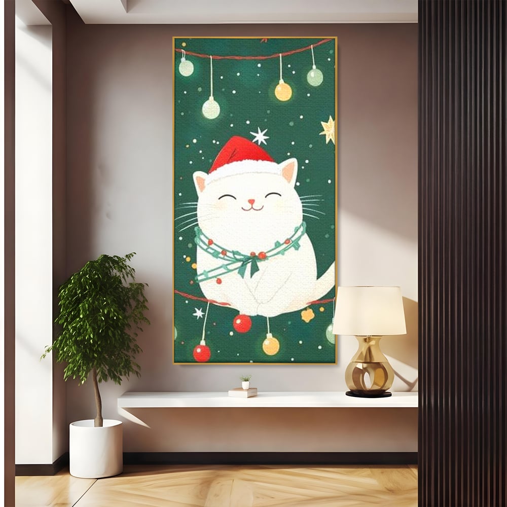 Leinwand Wandkunst Canvas Premium, LuxCanva® D1092, Weihnachten, Ballons, Geschenke, Katze, Katzen, kuschelig, Tier, Gefährte, grün, rot, Freude, Magie, Babyzimmer, Wohnen, Schlafzimmer