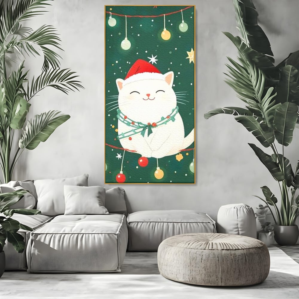 Leinwand Wandkunst Canvas Premium, LuxCanva® D1092, Weihnachten, Ballons, Geschenke, Katze, Katzen, kuschelig, Tier, Gefährte, grün, rot, Freude, Magie, Babyzimmer, Wohnen, Schlafzimmer