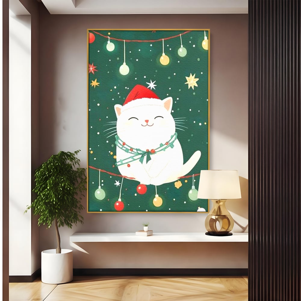 Leinwand Wandkunst Canvas Premium, LuxCanva® D1092, Weihnachten, Ballons, Geschenke, Katze, Katzen, kuschelig, Tier, Gefährte, grün, rot, Freude, Magie, Babyzimmer, Wohnen, Schlafzimmer