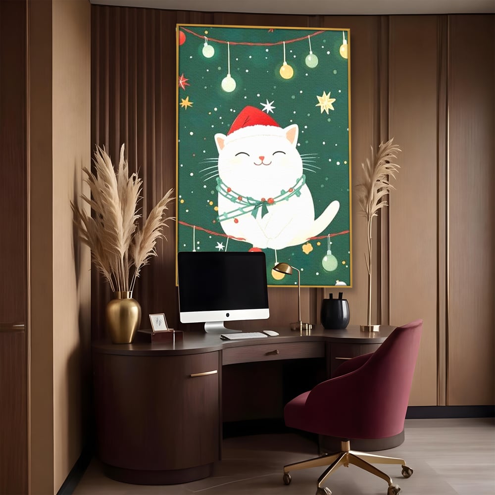 Leinwand Wandkunst Canvas Premium, LuxCanva® D1092, Weihnachten, Ballons, Geschenke, Katze, Katzen, kuschelig, Tier, Gefährte, grün, rot, Freude, Magie, Babyzimmer, Wohnen, Schlafzimmer