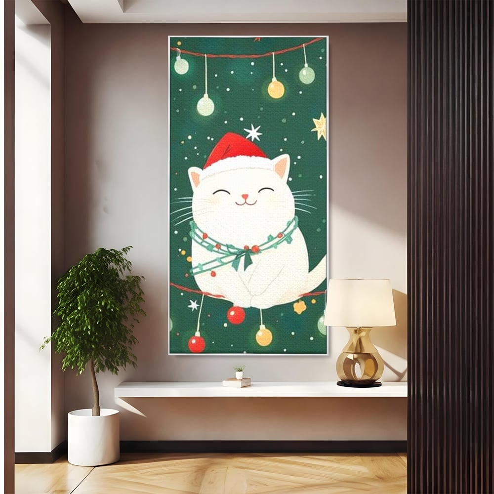 Leinwand Wandkunst Canvas Premium, LuxCanva® D1092, Weihnachten, Ballons, Geschenke, Katze, Katzen, kuschelig, Tier, Gefährte, grün, rot, Freude, Magie, Babyzimmer, Wohnen, Schlafzimmer