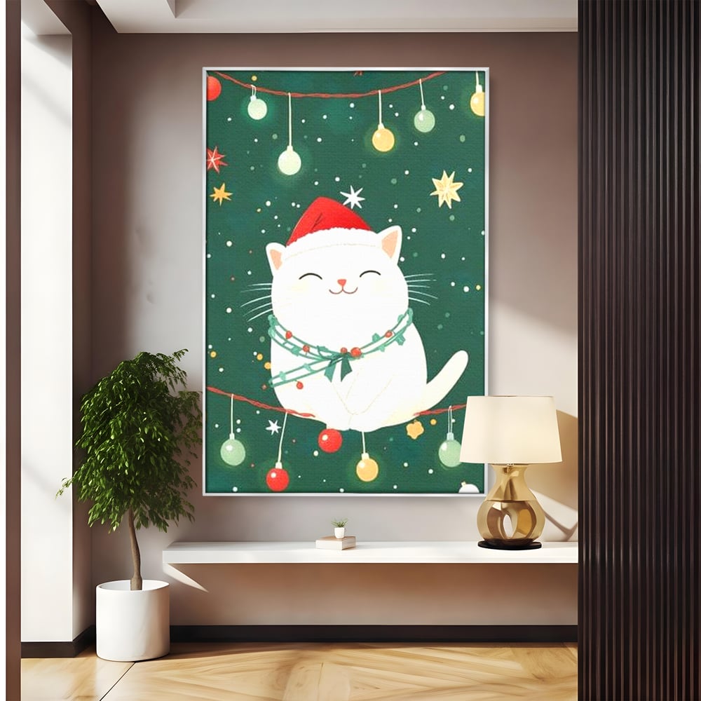 Leinwand Wandkunst Canvas Premium, LuxCanva® D1092, Weihnachten, Ballons, Geschenke, Katze, Katzen, kuschelig, Tier, Gefährte, grün, rot, Freude, Magie, Babyzimmer, Wohnen, Schlafzimmer
