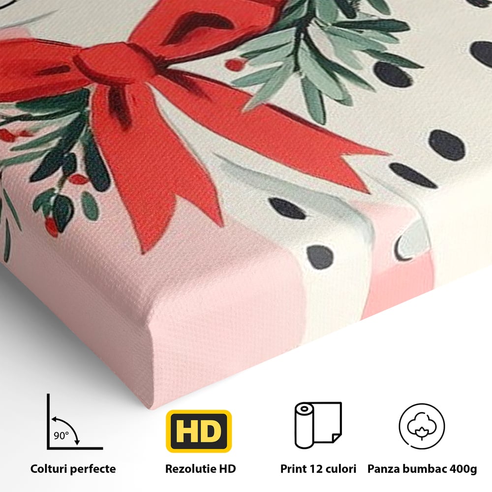 Tablou Canvas Premium, LuxCanva® D1093, Dalmatianul de Craciun, Bucurie, Gingasie, Funda, Rosie, Pui, Catel, Pete, Zambet, Blanos, Coronita, Brad, Canin, Roz, Magie, Camera Copil, Living, Dormitor