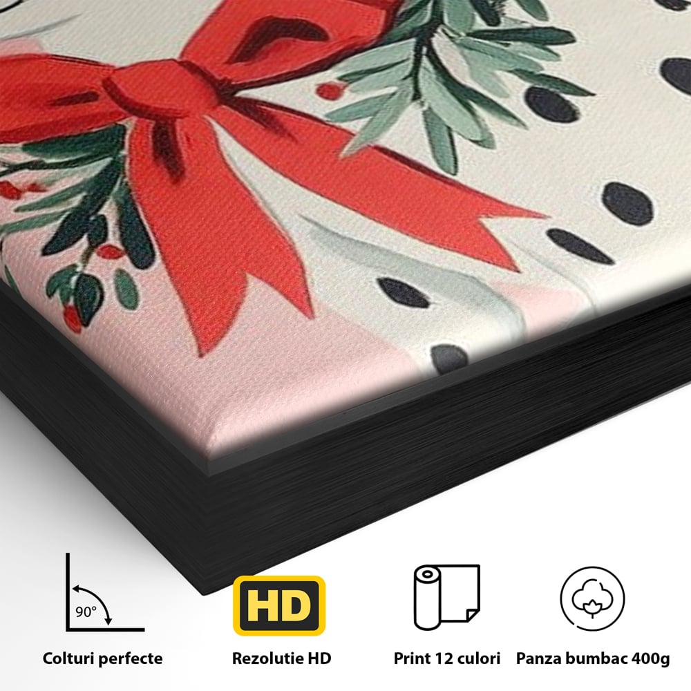 Tablou Canvas Premium, LuxCanva® D1093, Dalmatianul de Craciun, Bucurie, Gingasie, Funda, Rosie, Pui, Catel, Pete, Zambet, Blanos, Coronita, Brad, Canin, Roz, Magie, Camera Copil, Living, Dormitor