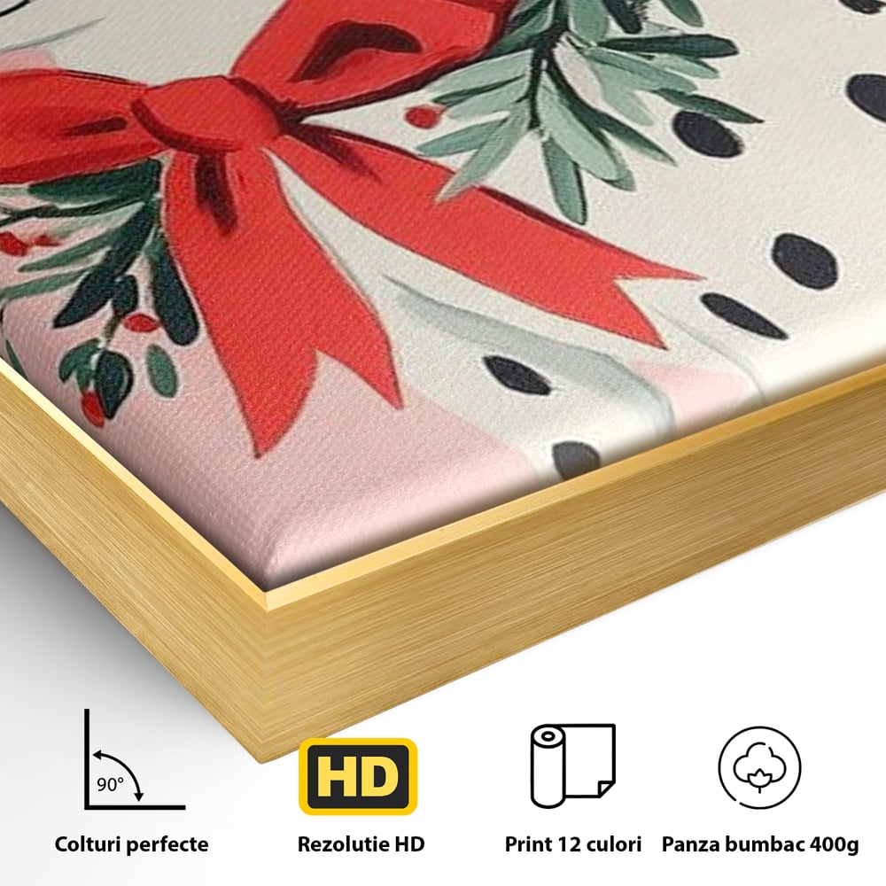 Tablou Canvas Premium, LuxCanva® D1093, Dalmatianul de Craciun, Bucurie, Gingasie, Funda, Rosie, Pui, Catel, Pete, Zambet, Blanos, Coronita, Brad, Canin, Roz, Magie, Camera Copil, Living, Dormitor