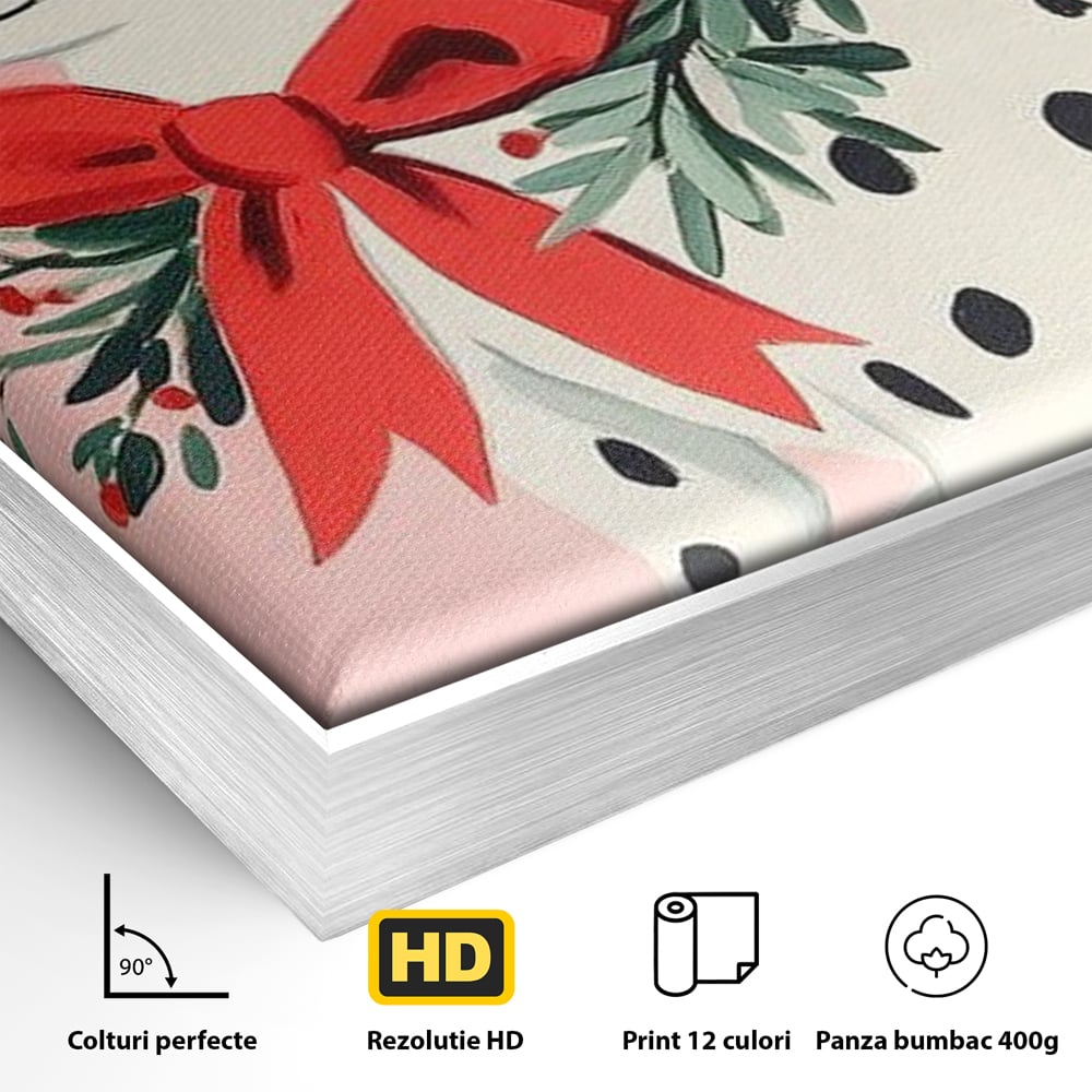Tablou Canvas Premium, LuxCanva® D1093, Dalmatianul de Craciun, Bucurie, Gingasie, Funda, Rosie, Pui, Catel, Pete, Zambet, Blanos, Coronita, Brad, Canin, Roz, Magie, Camera Copil, Living, Dormitor