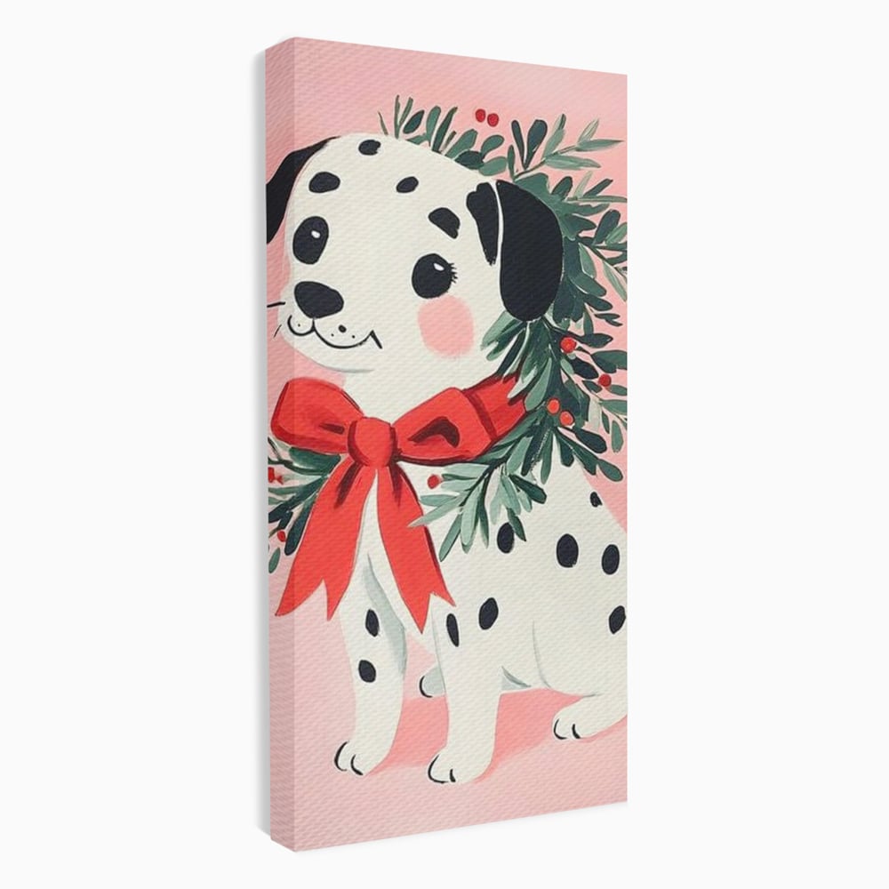 Tablou Canvas Premium, LuxCanva® D1093, Dalmatianul de Craciun, Bucurie, Gingasie, Funda, Rosie, Pui, Catel, Pete, Zambet, Blanos, Coronita, Brad, Canin, Roz, Magie, Camera Copil, Living, Dormitor