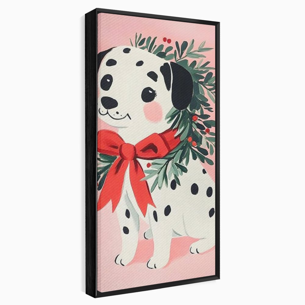 Tablou Canvas Premium, LuxCanva® D1093, Dalmatianul de Craciun, Bucurie, Gingasie, Funda, Rosie, Pui, Catel, Pete, Zambet, Blanos, Coronita, Brad, Canin, Roz, Magie, Camera Copil, Living, Dormitor