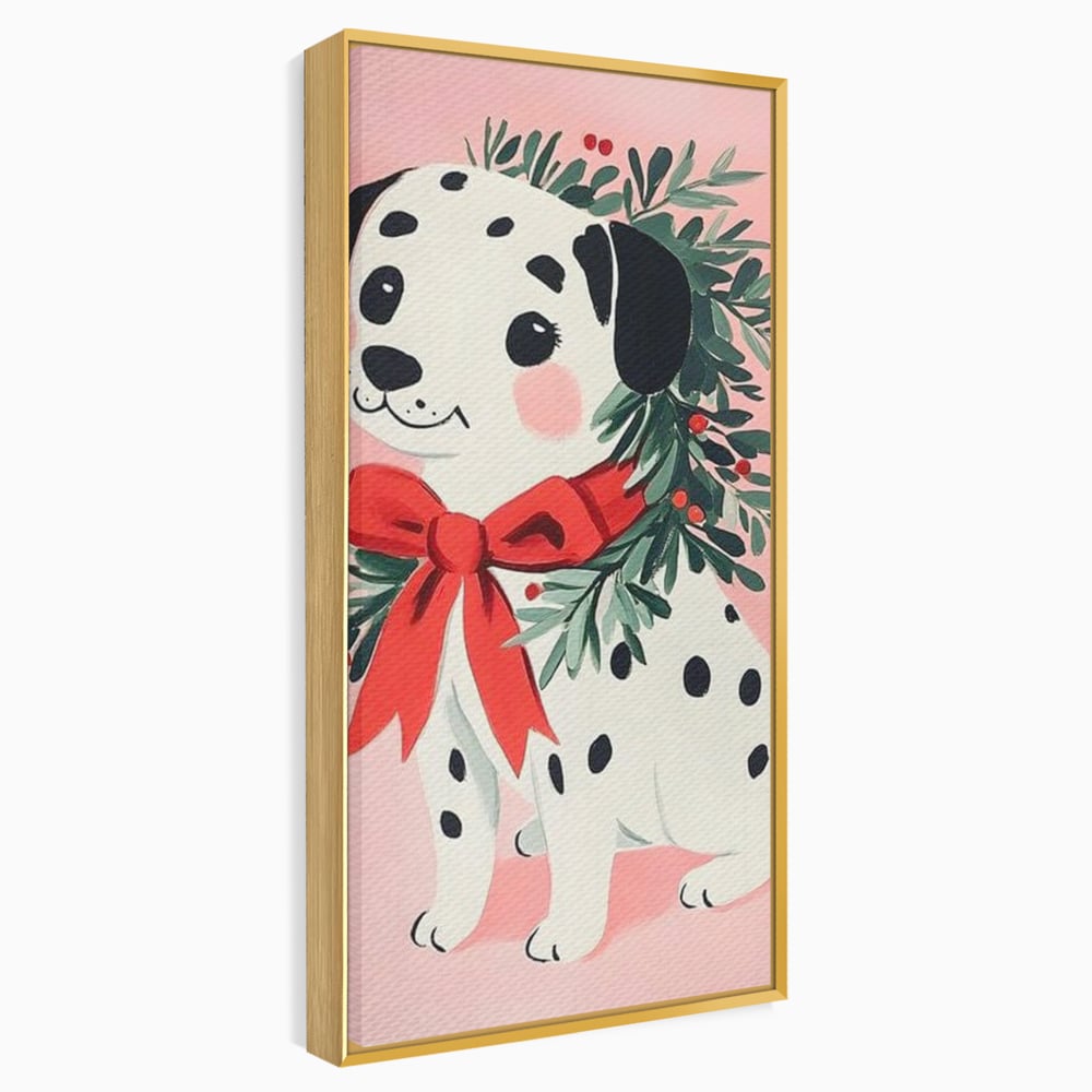 Tablou Canvas Premium, LuxCanva® D1093, Dalmatianul de Craciun, Bucurie, Gingasie, Funda, Rosie, Pui, Catel, Pete, Zambet, Blanos, Coronita, Brad, Canin, Roz, Magie, Camera Copil, Living, Dormitor