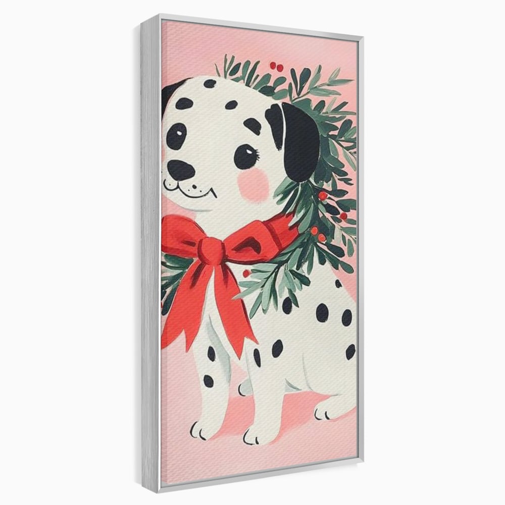 Tablou Canvas Premium, LuxCanva® D1093, Dalmatianul de Craciun, Bucurie, Gingasie, Funda, Rosie, Pui, Catel, Pete, Zambet, Blanos, Coronita, Brad, Canin, Roz, Magie, Camera Copil, Living, Dormitor