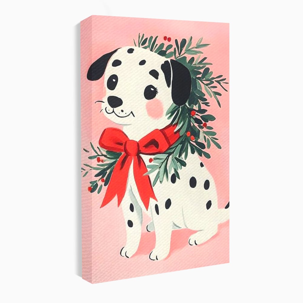 Tablou Canvas Premium, LuxCanva® D1093, Dalmatianul de Craciun, Bucurie, Gingasie, Funda, Rosie, Pui, Catel, Pete, Zambet, Blanos, Coronita, Brad, Canin, Roz, Magie, Camera Copil, Living, Dormitor