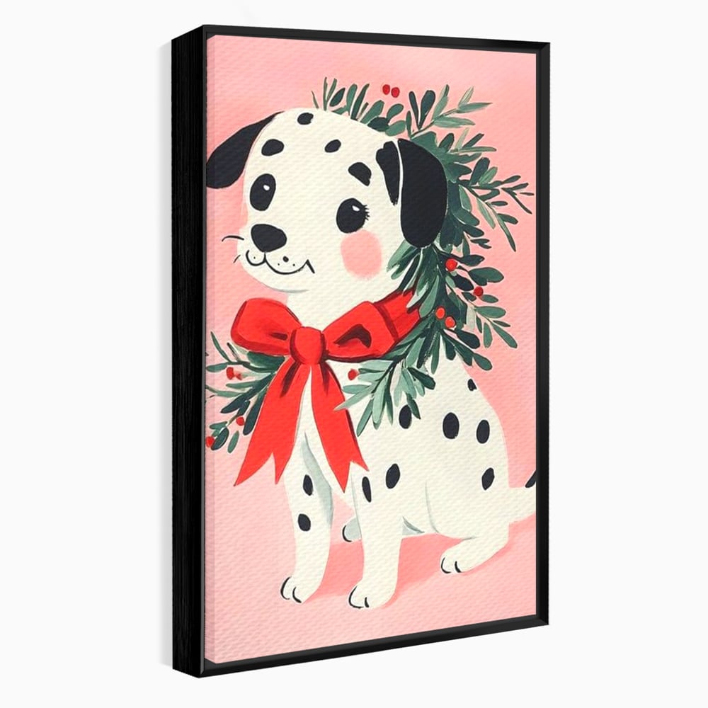 Tablou Canvas Premium, LuxCanva® D1093, Dalmatianul de Craciun, Bucurie, Gingasie, Funda, Rosie, Pui, Catel, Pete, Zambet, Blanos, Coronita, Brad, Canin, Roz, Magie, Camera Copil, Living, Dormitor